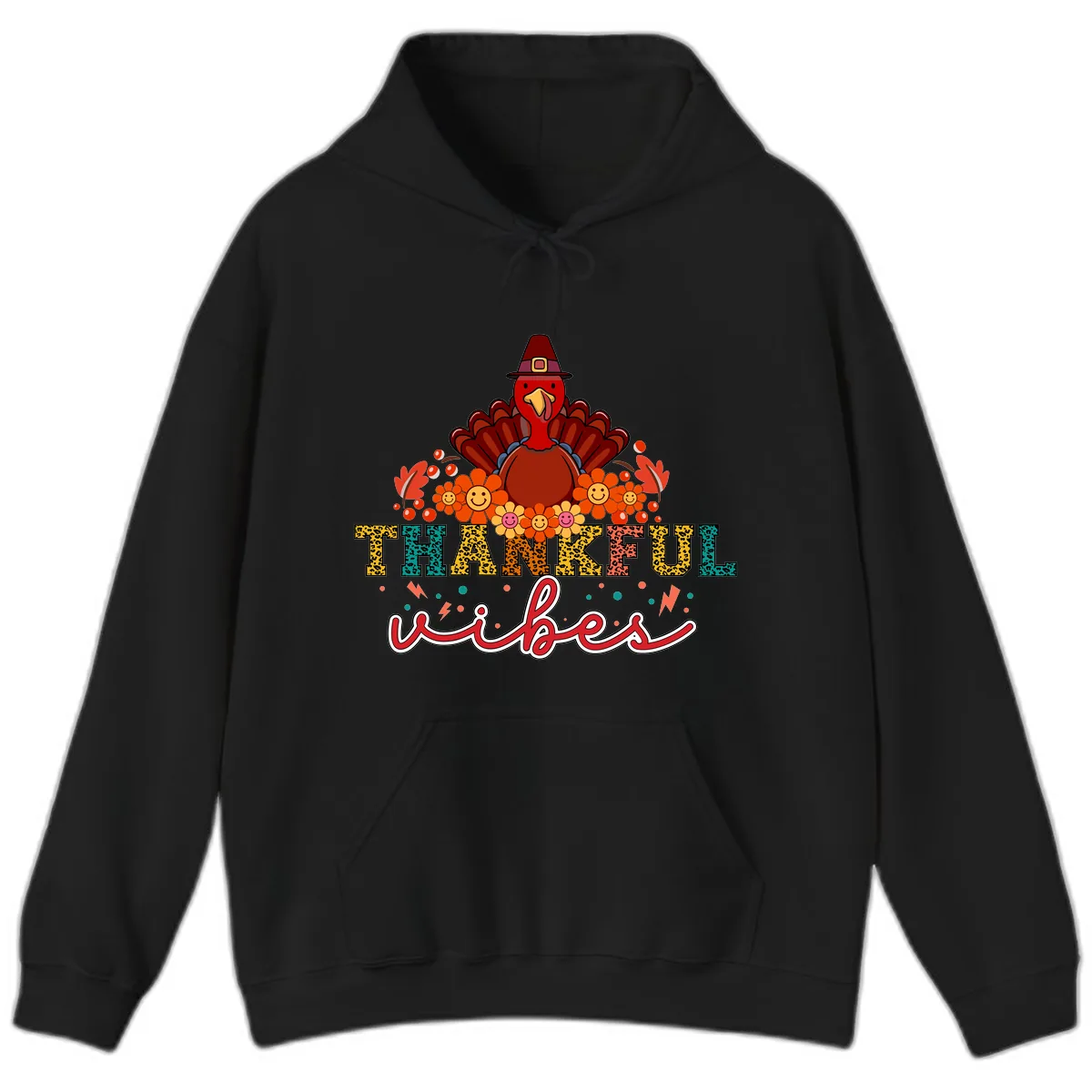 Turkey Vibes Thanksgiving Design Hoodie in Black